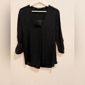Stradivarius Black V-Neck Blouse | Roll-Tab Sleeve